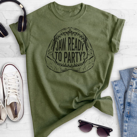 Jaw Ready To Party? Shark Heather Military Green Unisex T-shirt