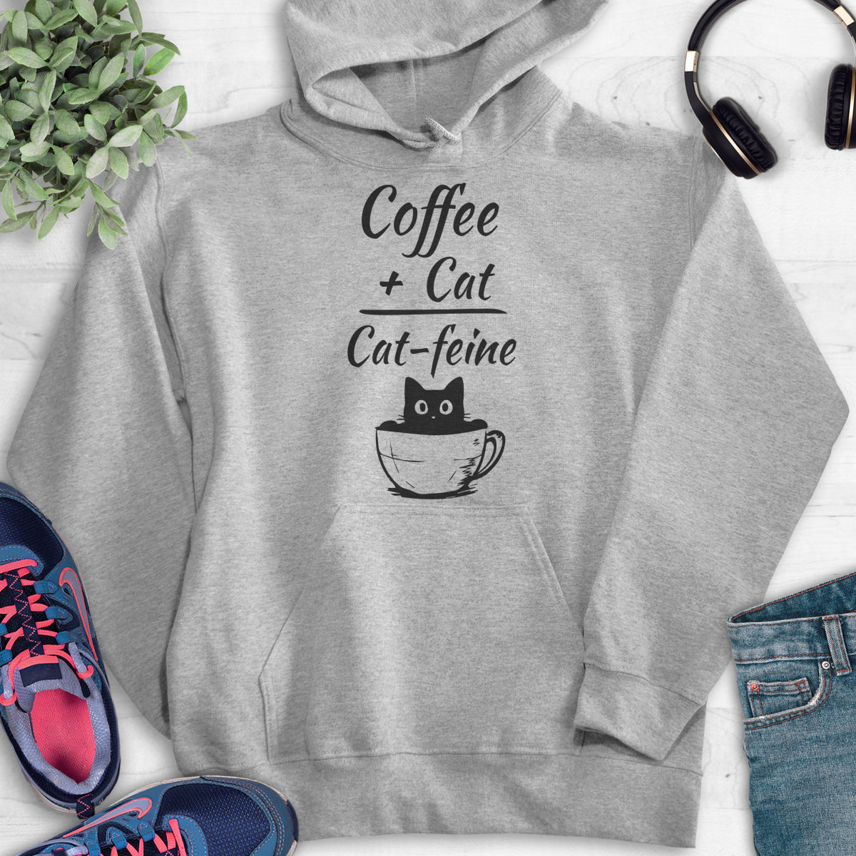 Coffee Plus Cat Equals Cat-feine Hoodie Heather Gray