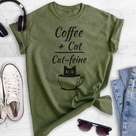 Coffee Plus Cat Equals Cat-feine Heather Military Green Unisex T-shirt