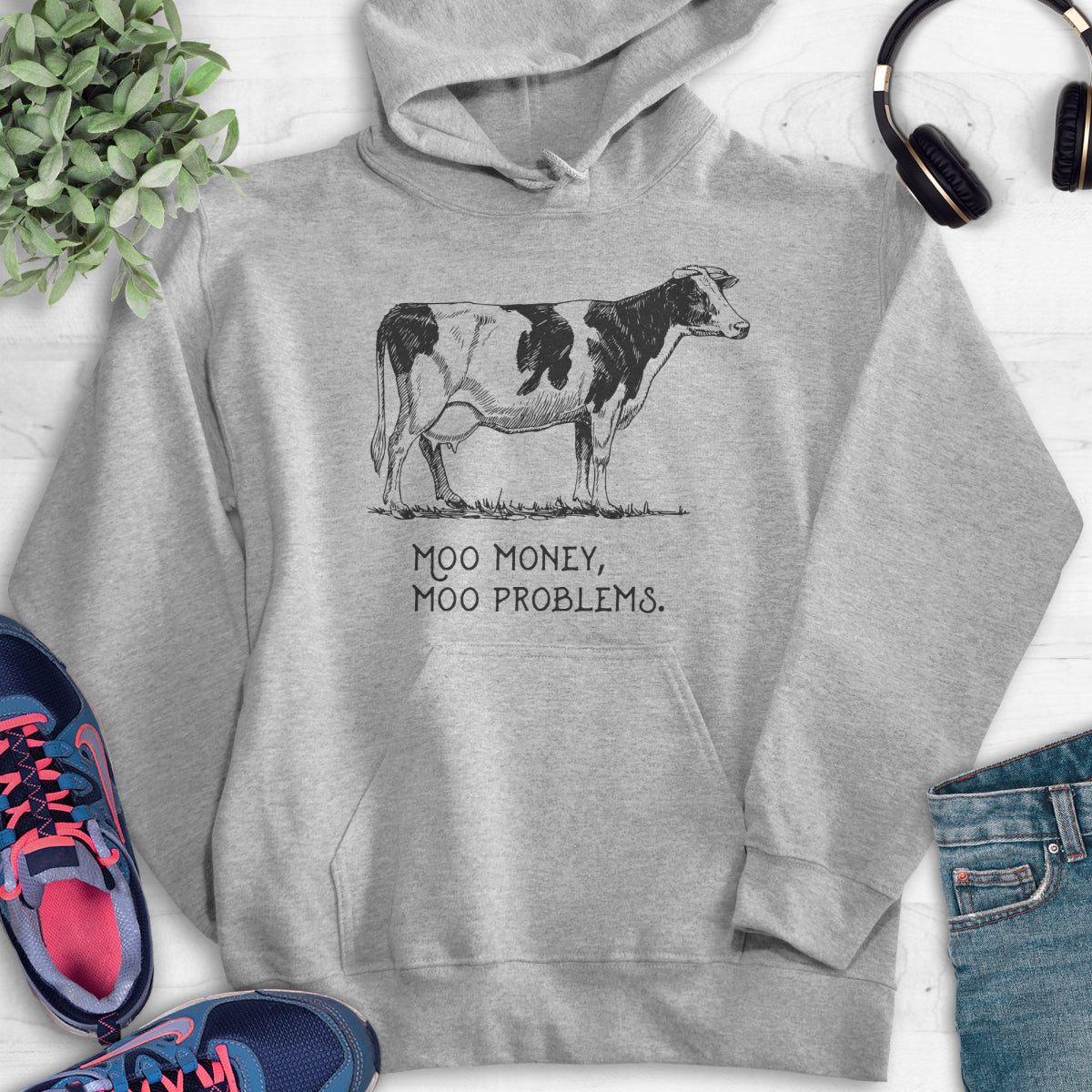 Moo Money Moo Problems Hoodie Heather Gray