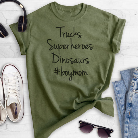 Trucks, Superheroes, Dinosaurs #BoyMom Heather Military Green Unisex T-shirt