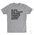 Black Nail Polish Eyeliner Fishnets Combat Boots Heather Gray Unisex T-shirt