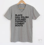 Black Nail Polish Eyeliner Fishnets Combat Boots Heather Gray V-Neck T-shirt