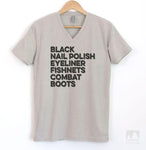 Black Nail Polish Eyeliner Fishnets Combat Boots Silk Gray V-Neck T-shirt
