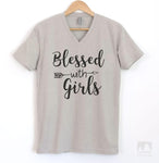 Blessed With Girls Silk Gray V-Neck T-shirt