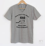 Girls Don't Like Boys Girls Like Cats and Money Heather Gray V-Neck T-shirt