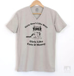 Girls Don't Like Boys Girls Like Cats and Money Silk Gray V-Neck T-shirt