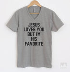 Jesus Loves You But I'm His Favorite Heather Gray V-Neck T-shirt