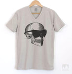 Skull With Sunglasses Silk Gray V-Neck T-shirt