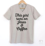 This Girl Runs On Jesus & Coffee Silk Gray V-Neck T-shirt